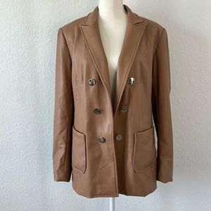 Anne Klein Womens Faux Leather Open Front Double-Breasted Jacket